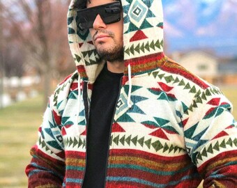 Alpaca Wool Hooded Jacket with pockets: Native American Tribal Design - Extra Large Size Unisex