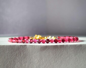 Tiny Faceted Red Garnet Pink Tourmaline Bracelet: Gold Silver Plated, January October Birthstone