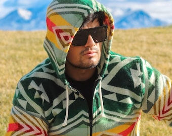 Alpaca Wool Hooded Jacket with pockets: Native American Tribal Design - Medium Unisex