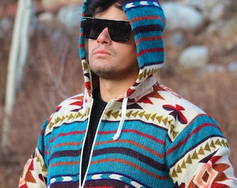 Alpaca Wool Hooded Jacket with pockets: Native American Tribal Design - Large Size Unisex