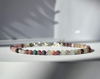 Minimalist Dainty Mix Tourmaline Bracelet: Silver Gold Plated, Chakra Crystal Jewelry