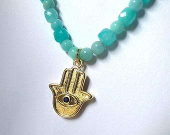 Gold Plated Hamsa Amazonite Beaded Necklace: Protection Boho Chic Jewelry, Gift for Virgo Signs