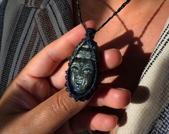 Buddha Labradorite Macrame Necklace: Handcarved Crystals, Gift For Him, Boho Unique Gemstone