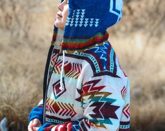 Alpaca Wool Hooded Jacket with pockets: Native American Tribal Design - Small Unisex