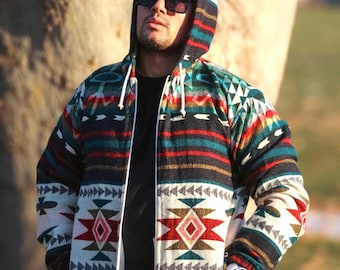 Alpaca Blend Wool Hooded Jacket with pockets: Native American Tribal Design - Large Size Unisex
