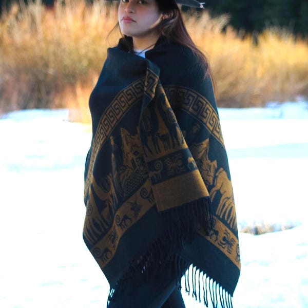 Reversible Alpaca Shawl: Andean Ethnic Design, Black Brown Two Tone Scarf - Alpaca Fiber
