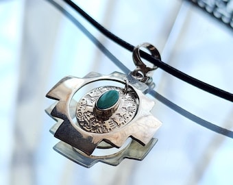 950 Silver Chakana Pendant: Inca Cross with Turquoise, Nazca Lines