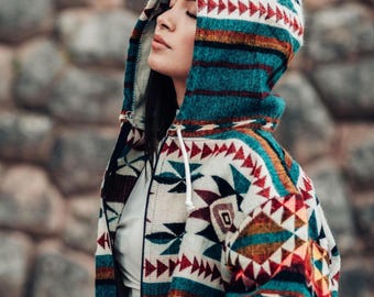 Alpaca Blend Wool Hooded Jacket with pockets: Native American Tribal Design - Unisex