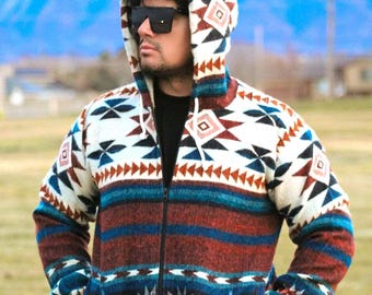 Alpaca Blend Wool Hooded Jacket with pockets: Native American Tribal Design - Large Size Unisex