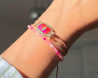 Adjustable Evil Eye and Pink Tourmaline Double Bracelet: Protection, Love, Heart Chakra Jewelry