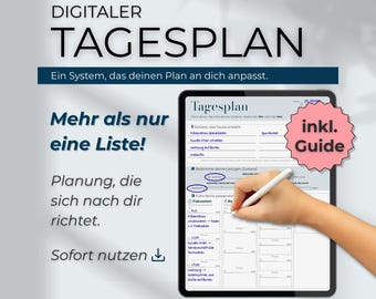 Peut inclure: Un planificateur quotidien numérique affiché sur un écran de tablette. L'écran affiche un planificateur numérique avec des sections pour les notes, les rendez-vous et les tâches. Le texte "Digitaler Tagesplan" et "Mehr als nur eine Liste!" est inclus.