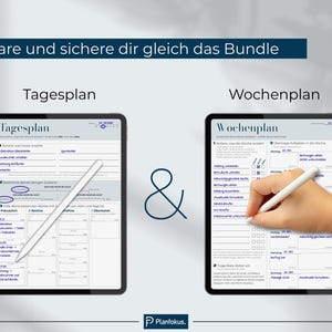 Peut inclure: Deux tablettes num&eacute;riques affichant des mod&egrave;les de planificateurs quotidiens et hebdomadaires. La tablette de gauche montre un plan quotidien avec un stylet, tandis que la tablette de droite montre un plan hebdomadaire avec un stylet. Le texte "Spare und sichere dir gleich das Bundle" est en haut.