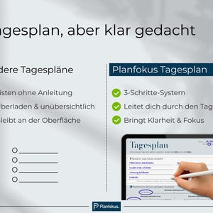 Peut inclure: Image avec le texte "Tagesplan, aber klar gedacht" et "Planfokus Tagesplan". Une tablette affiche un planificateur quotidien avec une main utilisant un stylet. L'image oppose les m&eacute;thodes de planification inefficaces &agrave; un syst&egrave;me en 3 &eacute;tapes pour la clart&eacute; et la concentration.