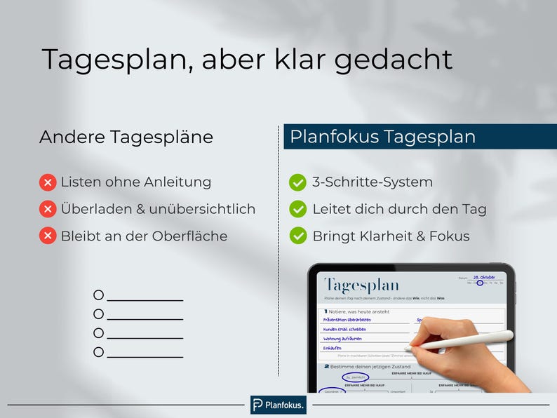 Peut inclure: Image avec le texte "Tagesplan, aber klar gedacht" et "Planfokus Tagesplan". Une tablette affiche un planificateur quotidien avec une main utilisant un stylet. L'image oppose les m&eacute;thodes de planification inefficaces &agrave; un syst&egrave;me en 3 &eacute;tapes pour la clart&eacute; et la concentration.