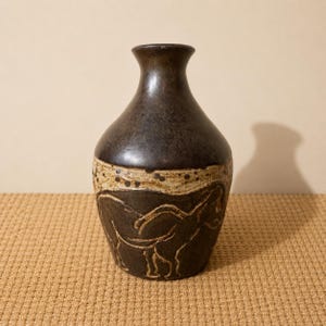Vintage Studio Pottery Vase with Carved Animal Figures | Signed G | Hand Thrown Art Pottery