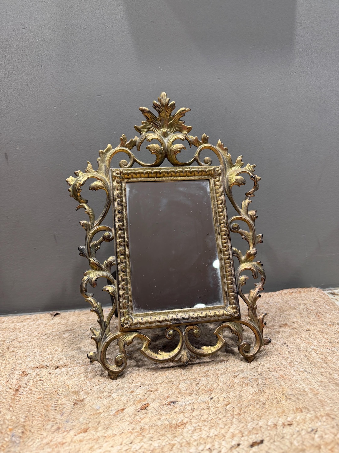 Antique Rococo Gilt Cast Iron Mirror Picture Frame Victorian French Ornate Tabletop Vanity Decor