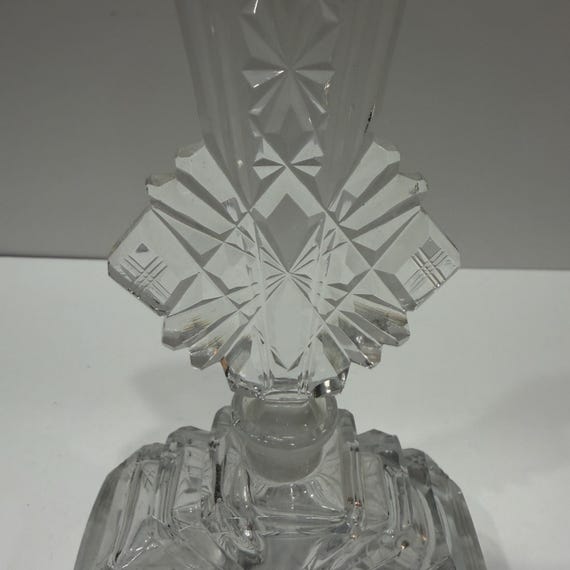 Vintage Bohemian Czech Art Deco Cut Crystal Perfume Bottle | Faceted Diamond & Star Cut Stopper | 1920s-30s Vanity Glass View 4