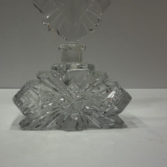 Vintage Bohemian Czech Art Deco Cut Crystal Perfume Bottle | Faceted Diamond & Star Cut Stopper | 1920s-30s Vanity Glass View 5