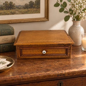 Vintage houten ladebox met porseleinen knop | Rustieke bureau-organizer | Primitieve opberglade | Houten displaystandaard met patina