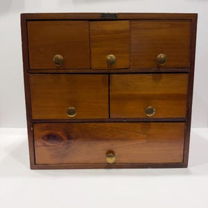 Armoire vintage verte à 6 tiroirs en bois avec poignées en laiton | Organisateur d'apothicaire | Coffre de rangement pour petites pièces | Rangement de bureau rustique de style campagnard