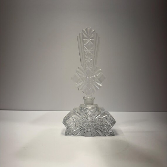Vintage Bohemian Czech Art Deco Cut Crystal Perfume Bottle | Faceted Diamond & Star Cut Stopper | 1920s-30s Vanity Glass View 2