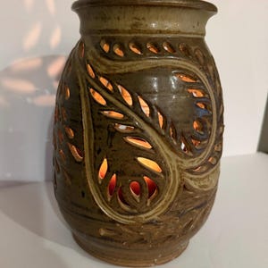 Signed Studio Pottery Candle Luminary, Hand Carved Ceramic Lantern, Artisan Pottery Vase, Cutwork Candle Holder, Rustic Decor