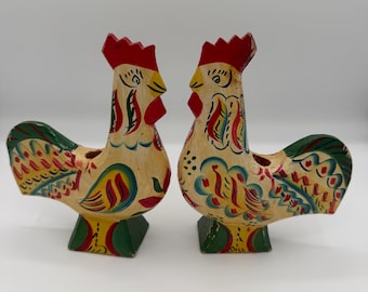 Pair of Antique Swedish Dala Rooster Candle Holders, Hand Carved & Hand Painted Dalatupp, Folk Art, Kurbits Decor, Mini Taper Holders