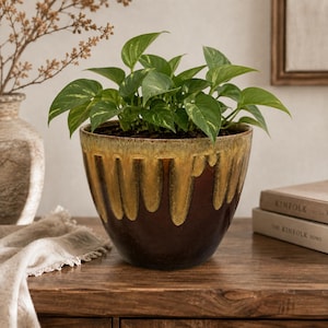 Cache-pot vintage en céramique à glaçure coulante | Vase en céramique marron et beige | Cache-pot à glaçure réactive | Décoration rustique vintage en céramique