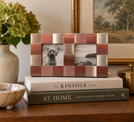 Vintage Michael Graves Double Photo Frame 3x3 Brushed Metal Geometric Picture Frame Postmodern Decor