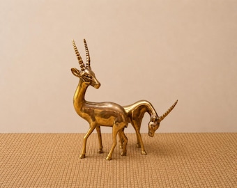 Vintage Solid Brass Antelope or Gazelle Figures – Set of 2 – Mid-Century Modern Decor – Heavy Brass Animal Sculptures