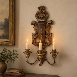 Puede incluir: Un aplique de pared para velas con un acabado dorado oscuro ornamentado, volutas intrincadas y un motivo central de concha. El soporte sostiene tres velas de pilar color crema encendidas sobre plataformas circulares con brazos curvos.
