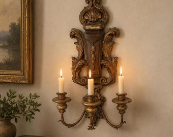 Antique Rococo Wall Sconce 3 Candle Holder Hand Carved Wood Gilt Baroque Wall Decor Vintage Italian Style Sconce