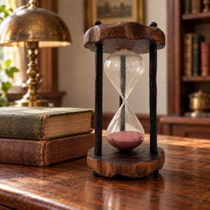 May include: An hourglass featuring a clear glass bulb filled with fine pink sand, held between two circular, dark-stained natural wood slices with rough, uneven edges, supported by four thin, dark, vertical wooden pillars.