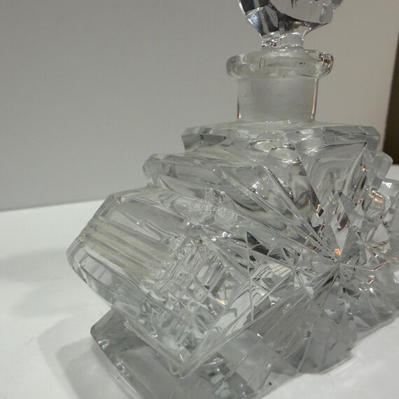 Vintage Bohemian Czech Art Deco Cut Crystal Perfume Bottle | Faceted Diamond & Star Cut Stopper | 1920s-30s Vanity Glass View 6