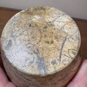 K&ouml;nnte beinhalten: Ein zylindrisches Steinobjekt mit einem gesprenkelten Muster aus Beige, Grau und Braun. Der Stein hat eine raue, strukturierte Oberfl&auml;che mit dunklen Markierungen. Das Objekt wird in einer Hand gehalten.