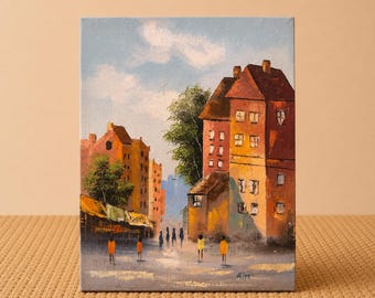 Original City Street Scene Painting | Signed RITT | Mid-Century Modern Townscape (12 x 16)