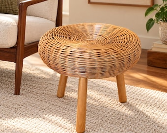 Vintage Wicker Mushroom Stool Made in Yugoslavia | Mid Century Modern Tripod Stool | Woven Seat & Wood Legs
