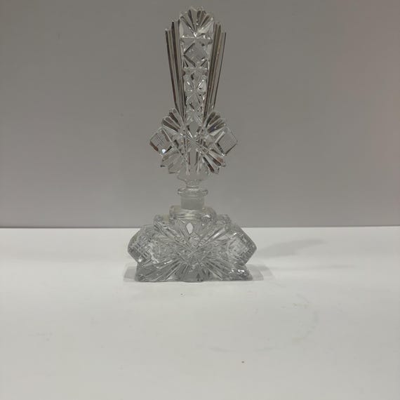 Vintage Bohemian Czech Art Deco Cut Crystal Perfume Bottle | Faceted Diamond & Star Cut Stopper | 1920s-30s Vanity Glass