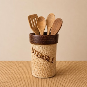 May include: A ceramic utensil holder with the word "UTENSILS" embossed on the side, filled with wooden spoons and a slotted spatula. The holder is beige with a dark brown rim, set against a neutral background.