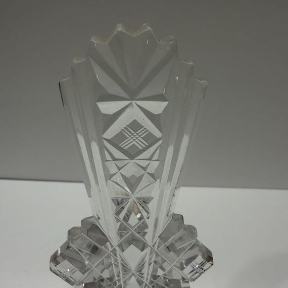 Vintage Bohemian Czech Art Deco Cut Crystal Perfume Bottle | Faceted Diamond & Star Cut Stopper | 1920s-30s Vanity Glass View 3