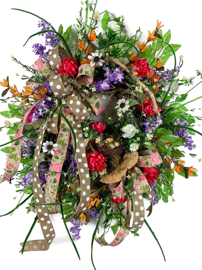 Summer Front Door Wreath Outdoor Wreath Wired Ribbon Wreath Front Door Wreath Floral Ribbon Wreath