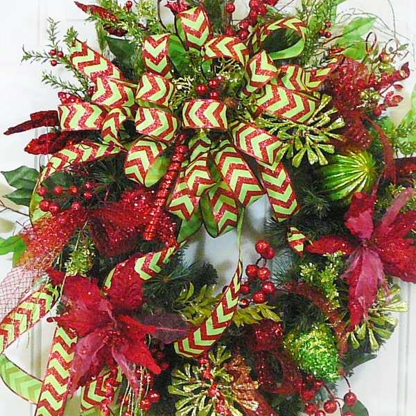 Christmas Chevron Wreath, Outdoor Wreath, Wired Chevron Ribbon