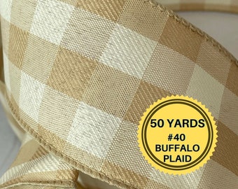 Buffalo Check Wired Ribbon, 50 Yards, Gold and White Ribbon, #40 Ribbon, Gold and White Buffalo Ribbon,  Wired Ribbon for all Wreaths