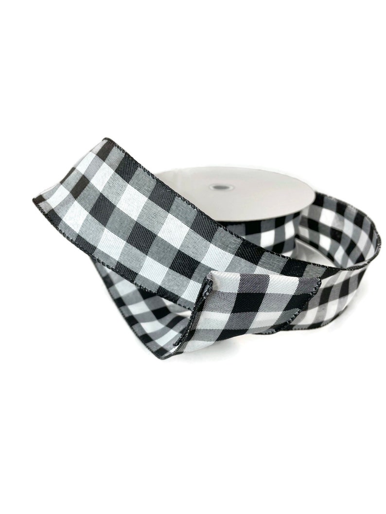 Buffalo Check Wired Ribbon, 50 Yards, Black and White Ribbon, 40 Ribbon, Black & White Buffalo Ribbon, Wired Ribbon for Wreaths, Christmas image 2