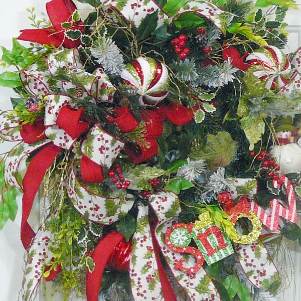 Christmas Door Holly Wreath, Red Burlap, Holly Wreath Ribbon, Let it Snow Door Wreath