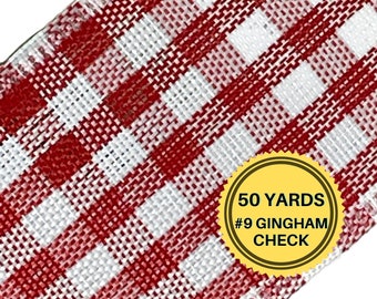50 Yard Gingham Check Wired Ribbon, #9 Red & White Check Ribbon, Stiff Ribbon Makes Beautiful Bows,
