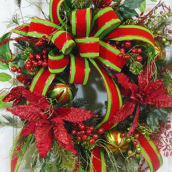 Traditional Christmas Wreath, Outdoor Wreath, Red/green Velvet Wired Ribbon