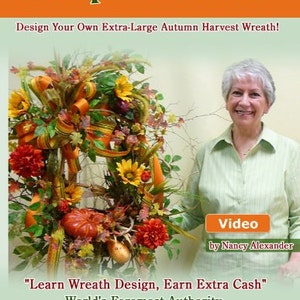 May include: A large autumn harvest wreath with pumpkins, gourds, sunflowers, and fall foliage. The wreath is designed in a circular shape and is decorated with a variety of fall colors, including orange, yellow, red, and brown. The wreath is displayed on a white background. "Learn Wreath Design, Earn Extra Cash" World's Foremost Authority on Unique and Custom Floral Wreath Designs! www.ladybugwreaths.com