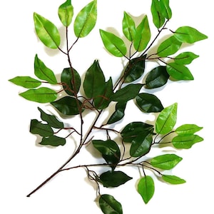 May include: A branch of artificial green leaves with a brown stem. The leaves are various shades of green and have a realistic texture.