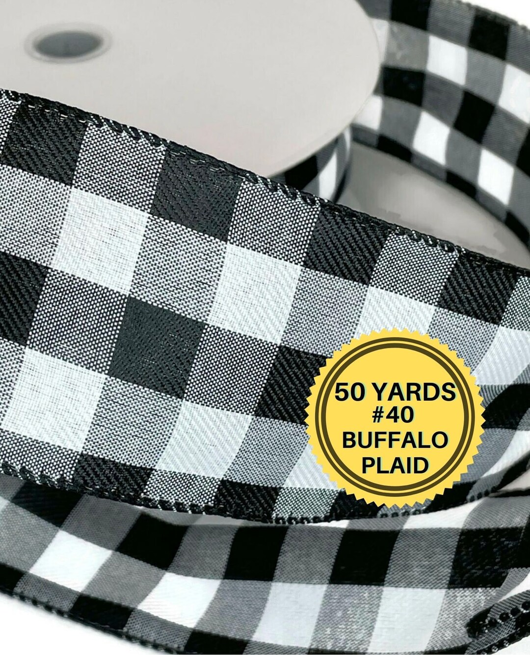 Buffalo Check Wired Ribbon, 50 Yards, Black and White Ribbon, 40 Ribbon, Black & White Buffalo
